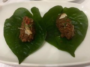 Fresh betel leaves with sticky carmelised Barossa Hampshire pork